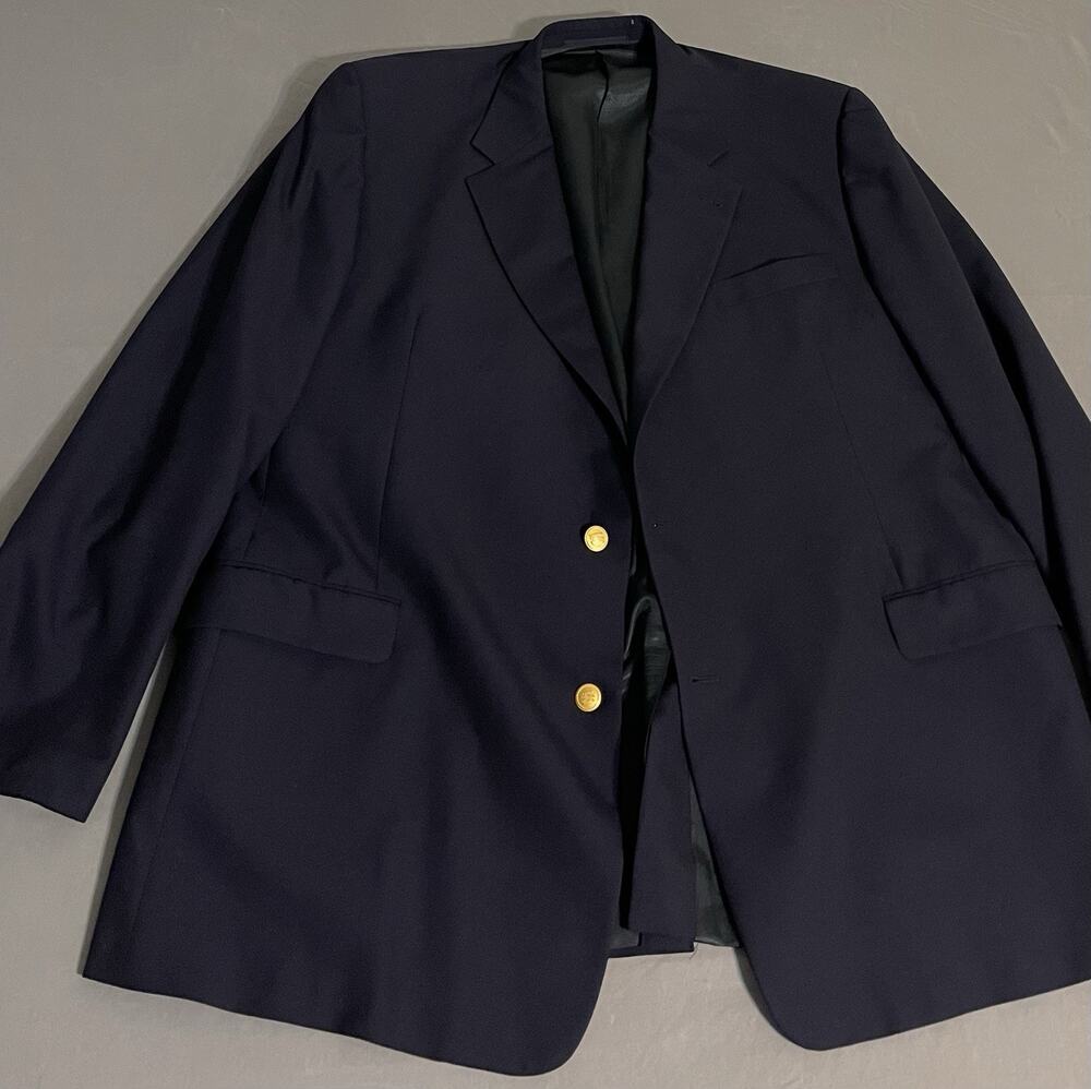 Burberry Black Wool Blazer Size 50 Gold Horse Buttons 26” Pit 34” Long